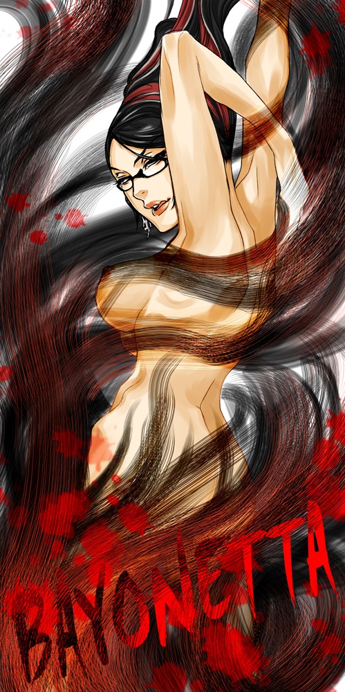 1girls arms_up back bayonetta bayonetta_(character) black_hair breasts censored convenient_censoring earrings female female_only from_behind glasses jewelry kcya_(oserocyan) large_breasts licking_lips lips lipstick long_hair looking_back makeup naughty_face nipples nude red_ribbon ribbon rule34 sega solo title_drop updo very_long_hair