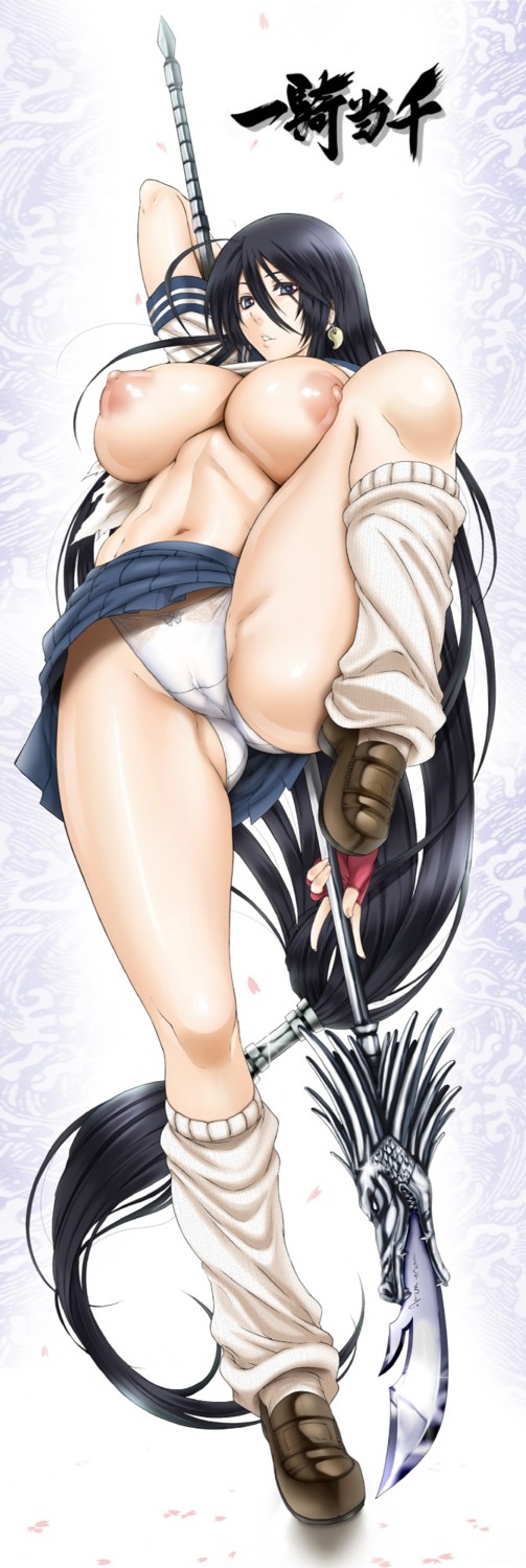 1girls blue_skirt female fingerless_gloves gloves ikkitousen kanu_unchou loafers loose_socks nipples no_bra panties red_gloves rule34 school_uniform schoolgirl socks spear white_panties white_socks