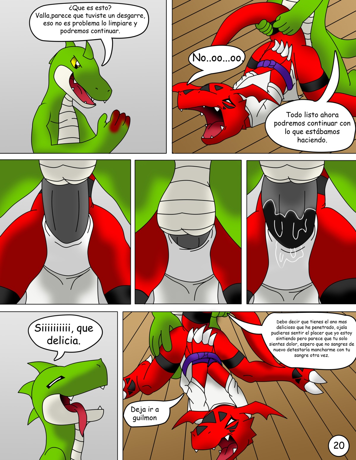 absurd_res anal anal_penetration anthro arms_tied balls bandai_namco black_penis blood blood_from_ass blood_in_ass bodily_fluids bound claws clothed clothing comic crocodile crocodilian dialogue digimon digimon_(species) digital_media_(artwork) dominant dominant_male dragon duo e621 erection explicitly_stated_nonconsent forced genitals gore_focus guilmon hector21314 hi_res karate male male/male male_penetrated male_penetrating male_penetrating_male multiple_scenes mythological_creature mythological_scalie mythology nude penetration penis rape reptile ruptured_colon scalie sex spanish_text submissive submissive_male tail text thick_penis translated