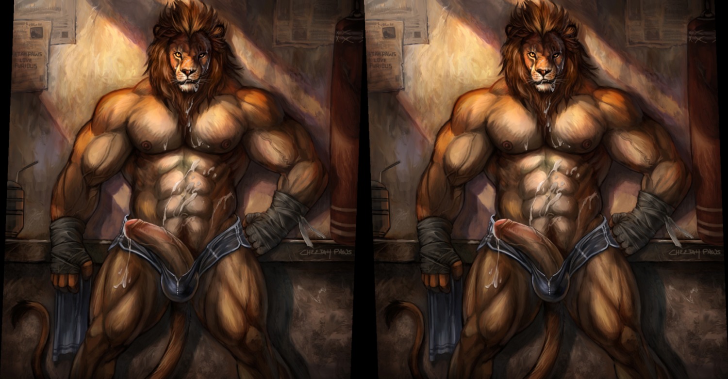 abs anthro balls biceps big_muscles biped bodily_fluids cheetahpaws clothed clothing cross_eye_stereogram cum cum_on_belly cum_on_body cum_on_face cum_on_own_face cum_on_self e621 erection exercise felid genital_fluids genitals gym hair hand_wraps hi_res humanoid_genitalia humanoid_penis lion looking_at_viewer male mammal messy muscular muscular_anthro muscular_male newspaper nipples pantherine penis penis_poking_out pose side_by_side_stereogram solo standing stereogram tail topless towel workout wraps yellow_eyes zipper zipper_underwear