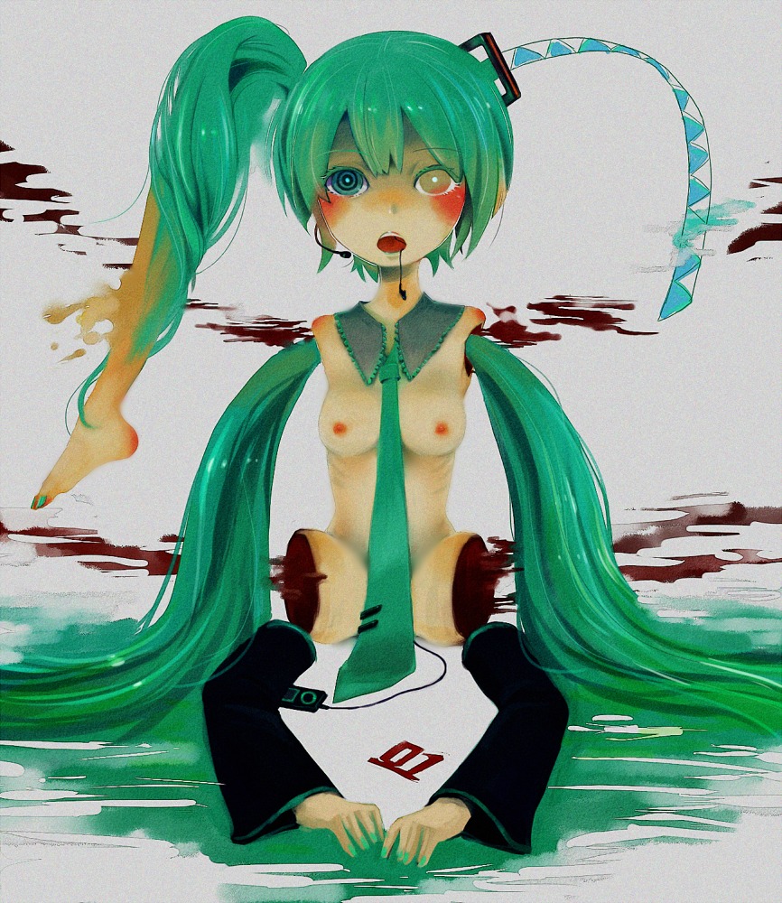 1girl amputation amputee android aqua_eyes aqua_hair blood blush breasts detached_sleeves dismemberment female green_hair guro hatsune_miku headset heterochromia long_hair nail_polish necktie nipples nude open_mouth rule34 small_breasts solo tagme twintails very_long_hair vocaloid