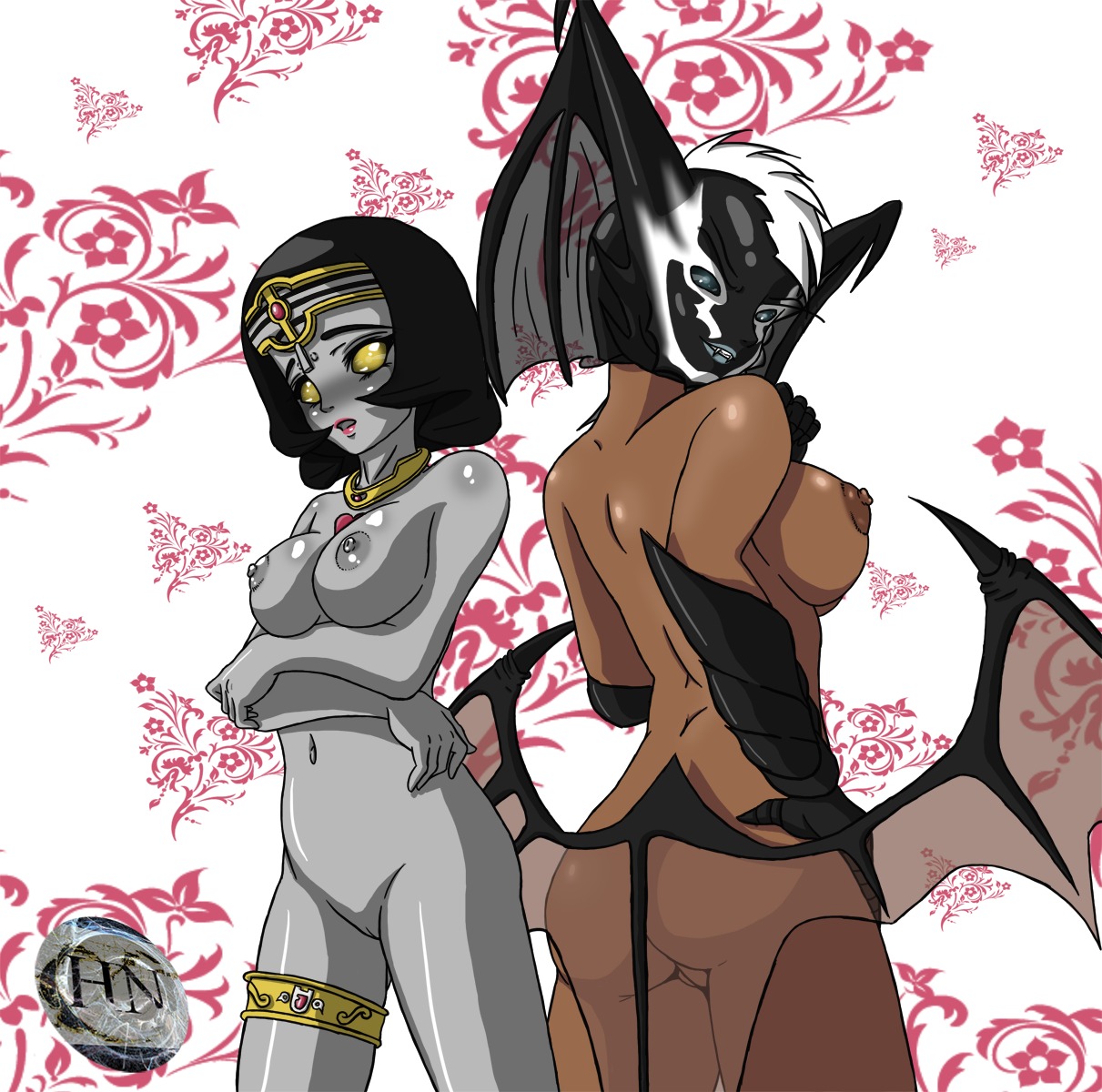 2girls archerina ass black_hair breasts dark_skin female female_focus female_only holyniwa looking_at_viewer looking_back looking_back_at_viewer magiranger multiple_females multiple_girls multiwa necrolai ohranger pointy_chin power_rangers power_rangers_mystic_force power_rangers_zeo robot robot_girl rule34 super_sentai vancuria