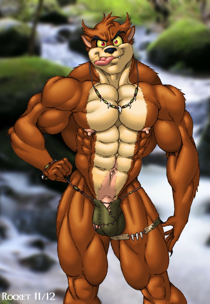 2012 abs anthro biceps biped brown_body brown_fur bulge claws clothed clothing dasyurid dasyuromorph e621 flaccid front_view fur genitals hi_res jewelry looking_at_viewer looney_tunes male mammal marsupial multicolored_body multicolored_fur muscular muscular_anthro muscular_male navel necklace pecs penis penis_base pose red_eyes rocket_(artist) skimpy solo standing tasmanian_devil tasmanian_devil_(looney_tunes) tongue tongue_out topless tribal two_tone_body two_tone_fur warner_brothers water waterfall whiskers white_body white_fur