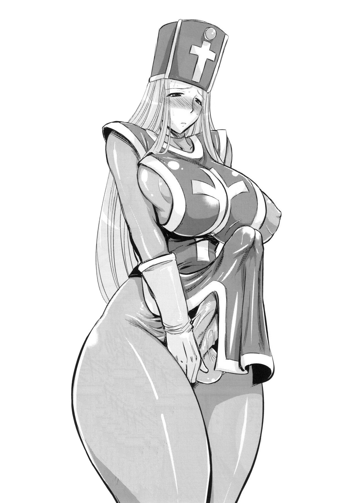 1futa big_breasts blush bodysuit breasts bulge cameltail clothing dragon_quest dragon_quest_iii erect_nipples erect_nipples_under_clothes futa_only futanari highres hips huge_cock intersex large_breasts latex monochrome musashino_sekai nipples penis penis_under_clothes priest_(dq3) rule34 solo_futa thick_thighs thighs wide_hips