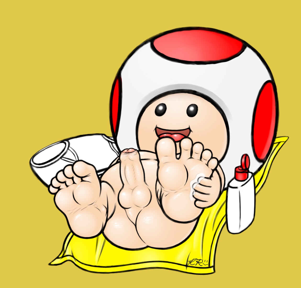 backsack balls barefoot beach butt e621 elemental_creature elemental_humanoid erection feet foreskin fungi_fauna fungi_humanoid fungus genitals hi_res hindpaw humanoid humanoid_genitalia humanoid_penis ket-ralus lotion male mario_bros mushroom mushroom_retainer nintendo not_furry nude on_towel outside paws penis presenting reclining seaside solo sunscreen toad_(mario) towel