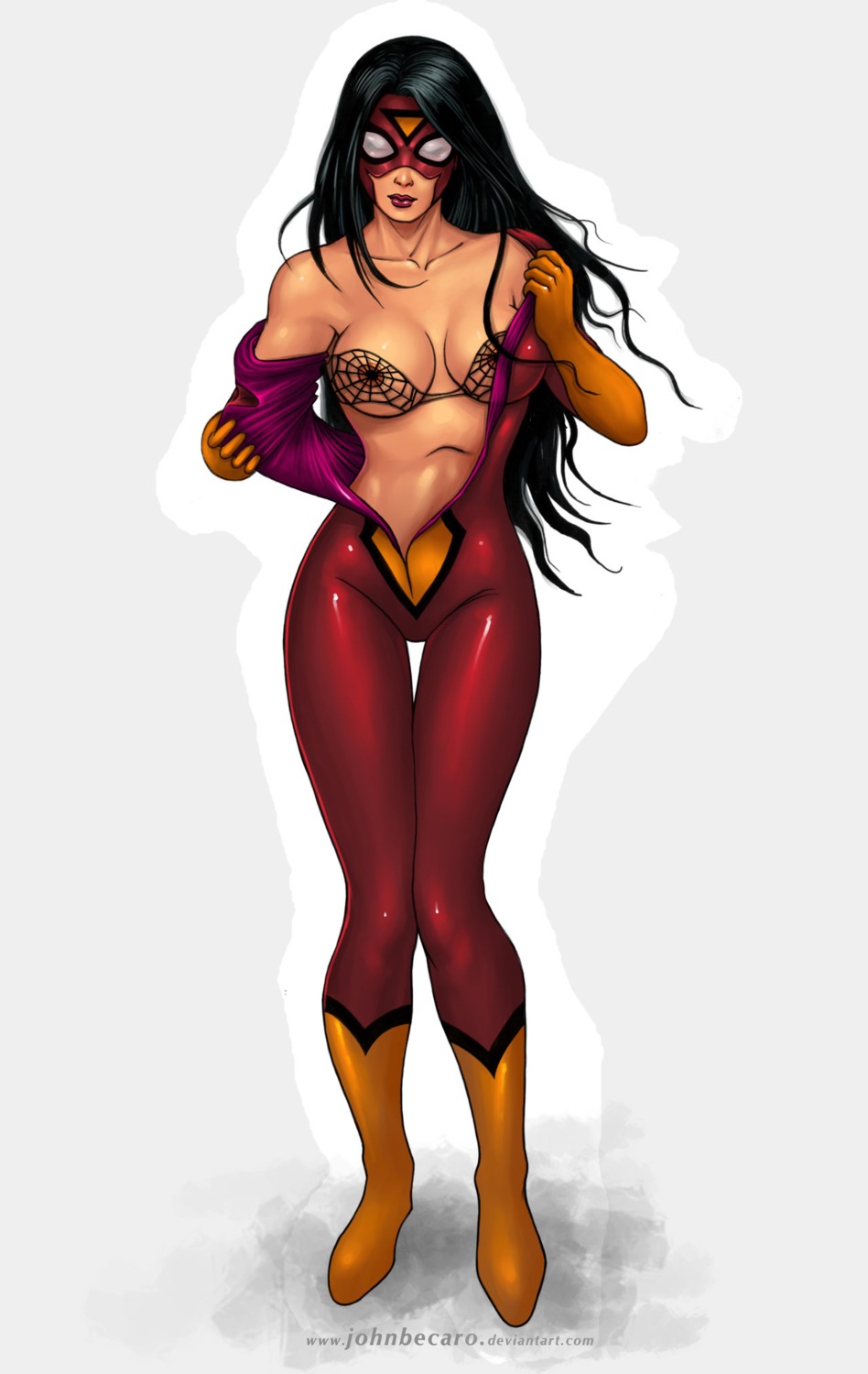avengers black_hair breasts female female_only front_view full_body human jessica_drew john_becaro marvel marvel_comics mask pale_skin rule34 solo spider-man_(series) spider-woman standing tagme undressing