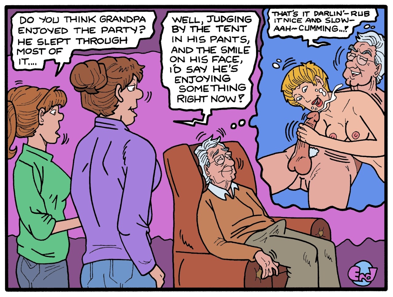 1boy 3girls age_difference april_patterson blonde_hair breasts brown_hair clothing comic cum deanna_patterson dreaming dreaming_about_sex elly_patterson english_dialogue english_text erection fantasizing fellatio female for_better_or_for_worse human karstens male manual newspaper_comic_strip nude old_male oral penis rule34 speech_bubble tenting thought_bubble white_hair