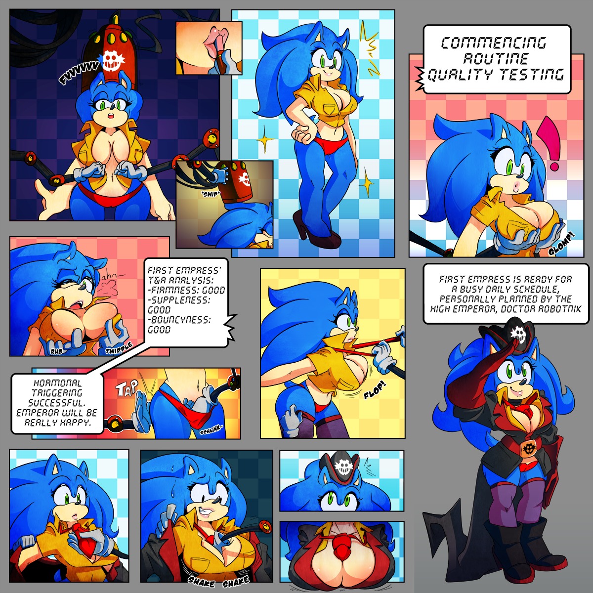 1:1 accessory anthro anthrofied between_breasts big_breasts blue_body blue_fur breasts brellom butt butt_slap cleavage clothed clothing comic crossgender e621 eulipotyphlan female fingering fondling fur green_eyes hat headgear headwear hedgehog hi_res huge_breasts lipstick logo machine makeup mammal missphase moan mtf_crossgender necktie panties sega shirt slap smile solo sonic_the_hedgehog sonic_the_hedgehog_(series) spanking surprised topwear underwear worried