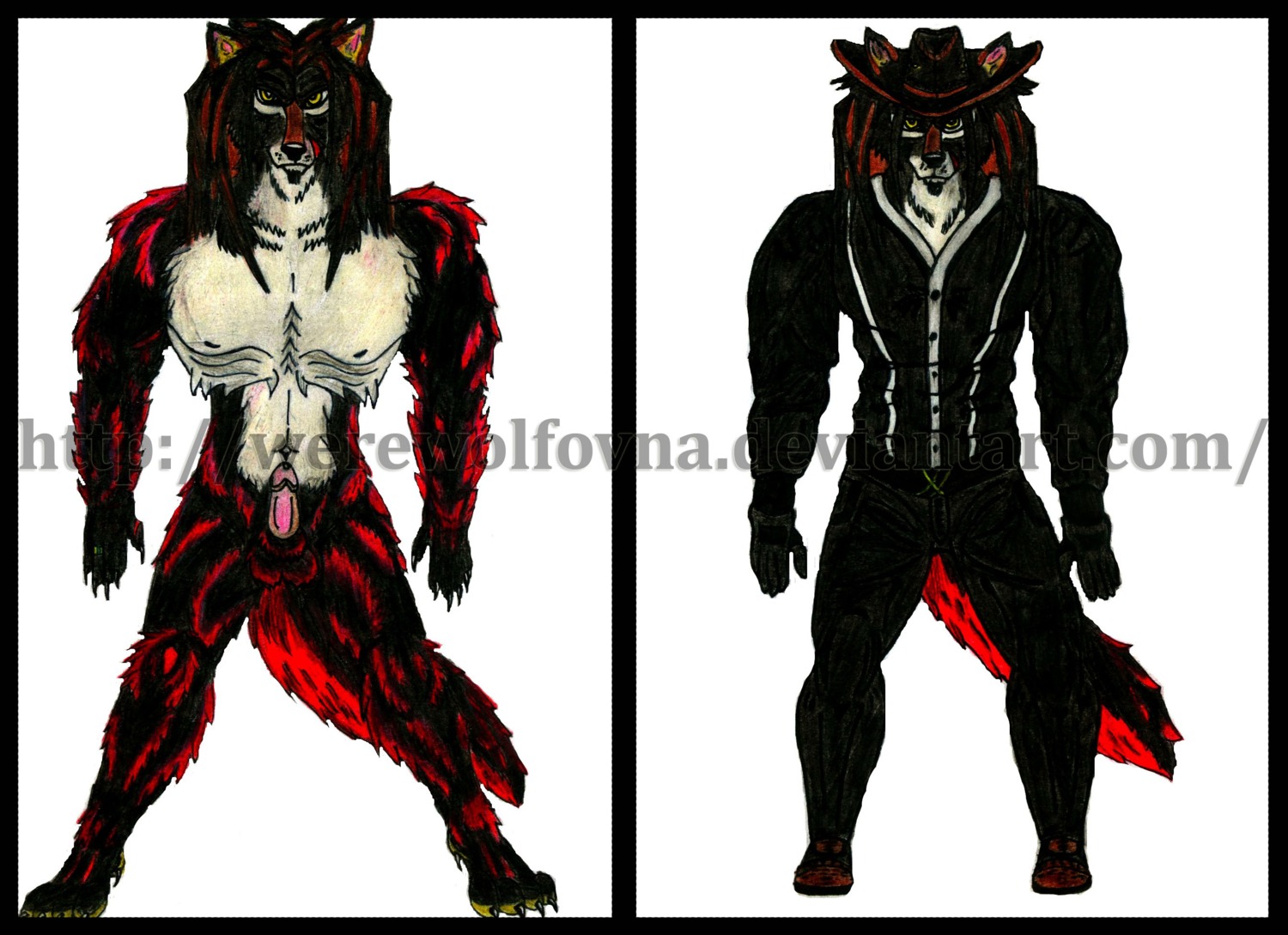 black_body black_border black_fur border canid canine claws clothing e621 erection fur genitals hair hat headgear headwear hi_res humanoid_genitalia humanoid_penis long_hair looking_at_viewer male mammal mythological_canine mythological_creature mythology penis red_body red_fur solo suit tail werecanid werecanine werecreature werewolf werewolfovna