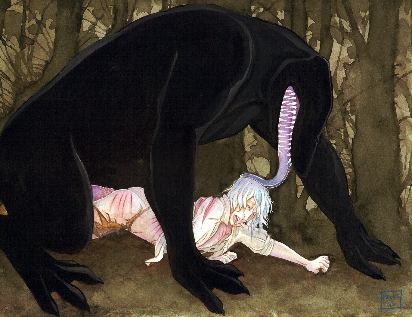 4_fingers 4_toes 5_fingers anal black_body bottomwear brown_bottomwear brown_clothing butt claws clothed clothing dominant duo e621 erection eyeless feet finger_claws fingers forced forest genitals hair human human_on_humanoid humanoid imminent_anal imminent_rape imminent_sex interspecies larger_dom larger_male licking littledoll long_tongue lying male male/male male_on_human male_on_humanoid mammal monster monster_on_human monster_on_male monstrous_humanoid narrowed_eyes not_furry nude_humanoid nude_male on_front open_mouth outside pale_skin penile_spines penis plant purple_tongue scratches sharp_teeth shirt short_hair size_difference smaller_male teeth teratophilia toe_claws toes tongue tongue_out topwear torn_bottomwear torn_clothing torn_shirt torn_topwear tree white_clothing white_hair white_shirt white_topwear