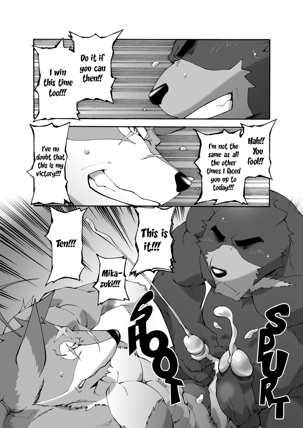 2013 abs anthro balls bear biceps big_muscles big_penis blush bodily_fluids canid canine canis claws comic cum cumshot dialogue duo e621 ejaculation english_text erection eyes_closed facial_markings fur genital_fluids genitals greyscale hair handjob head_markings hi_res honey_x_scars humanoid_genitalia humanoid_penis juuichi_mikazuki male male/male mammal markings monochrome morenatsu multiple_scenes muscular muscular_male orgasm penile penis scar sex slightly_chubby ten_kodori text toratorayatora wolf