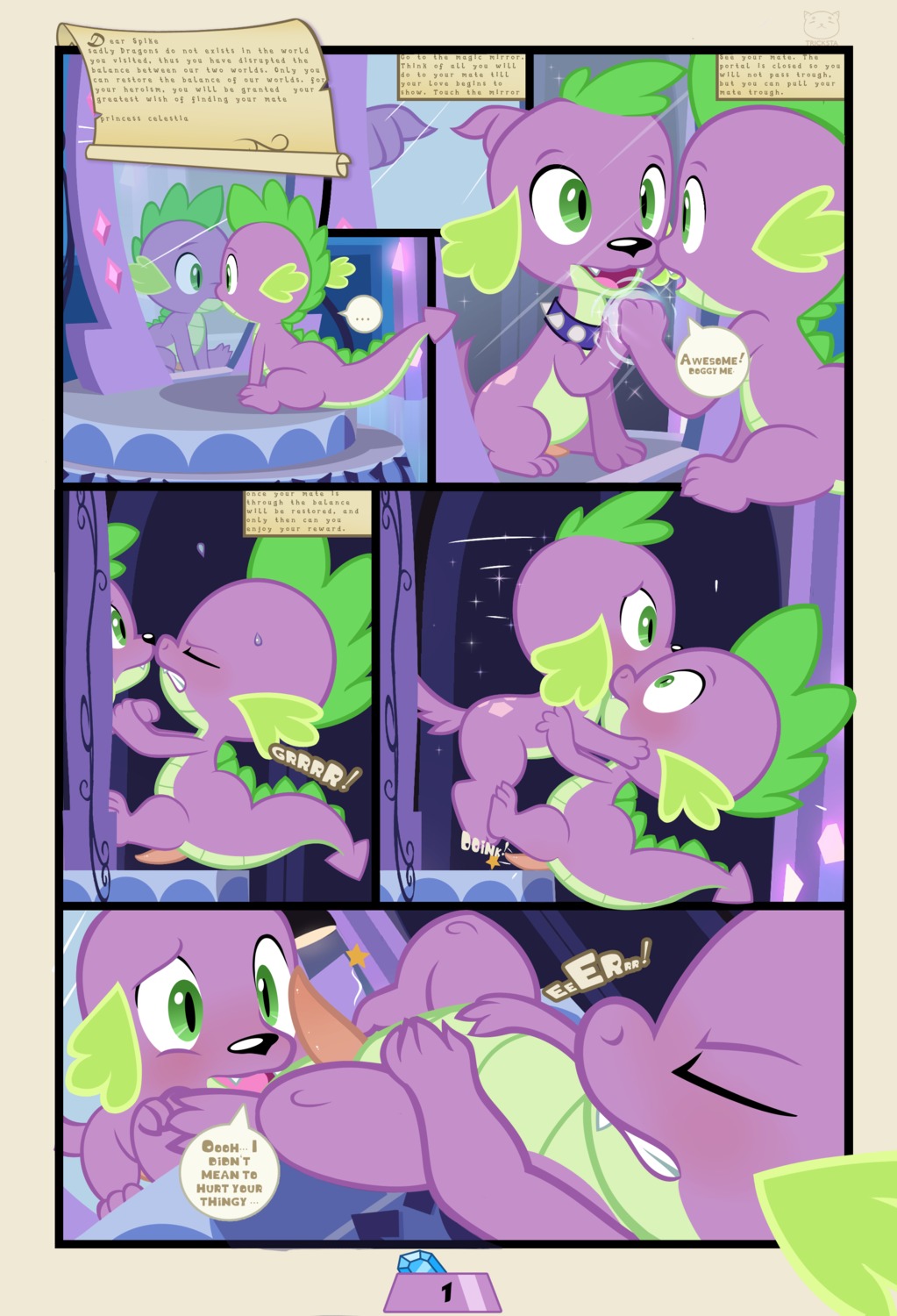 2013 absurd_res canid canine canis collar comic conditional_dnp dialogue domestic_dog dragon duo e621 english_text equestria_girls erection feral friendship_is_magic genitals hasbro hi_res interspecies looking_at_mirror looking_at_object male mammal mirror multiple_scenes my_little_pony mythological_creature mythological_scalie mythology on_model pain penis reflection scalie spike_(eg) spike_(mlp) square_crossover star tail text tricksta young