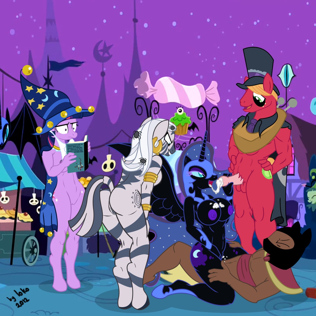 1:1 2012 anthro anthrofied armor balls being_watched big_macintosh_(mlp) black_body black_feathers bodily_fluids breasts butt clothing cowgirl_position cum cum_in_mouth cum_in_vagina cum_inside cutie_mark e621 ear_piercing earth_pony el-loko english_text equid equine erection feathered_wings feathers female female_on_top female_penetrated freckles friendship_is_magic from_front_position fur genital_fluids genitals group hair handjob hasbro hat headgear headwear helmet hi_res horn horse looking_at_another male male/female male_on_bottom mammal membrane_(anatomy) membranous_wings multicolored_hair my_little_pony mythological_creature mythological_equine mythology nightmare_moon_(mlp) nipples on_bottom on_top open_mouth outside penetration penile penis piercing plow_yoke pony public purple_body purple_fur purple_hair sex straddling stripes tail text top_hat twilight_sparkle_(mlp) two_tone_hair vaginal vaginal_fluids vaginal_penetration vulva winged_unicorn wings zebra zecora_(mlp)