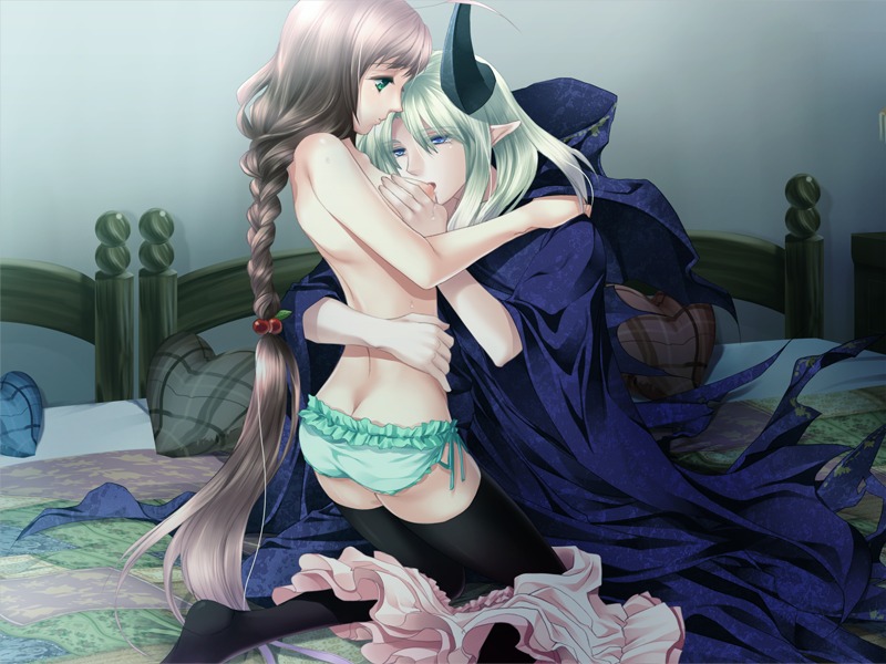 black_legwear black_thighhighs breast_sucking breasts brown_hair female green_eyes green_panties kneeling long_hair panties rule34 standing thighhighs underwear