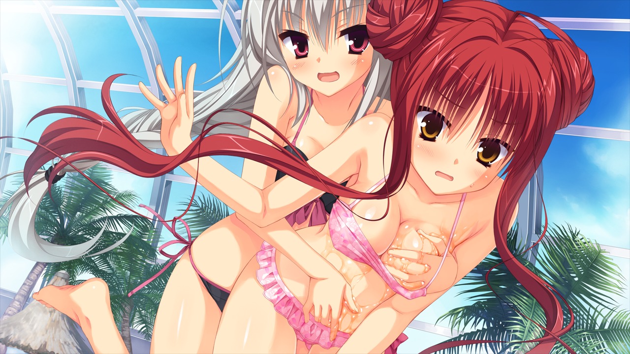2girls bikini blush breast_grab breasts dracu-riot! elena_olegovna_owen embarrassed female game_cg grey_hair kobuichi long_hair multiple_females multiple_girls muririn pool red_hair rule34 swimsuit yarai_miu yuzusoft
