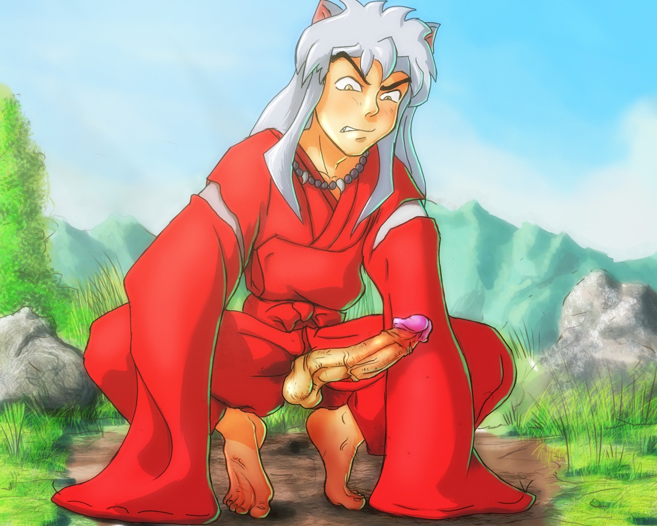 1boy animal_ears anma barefoot feet foreskin fully_retracted_foreskin inuyasha inuyasha_(character) male male_only penis retracted_foreskin rule34 solo uncensored uncircumcised yaoi