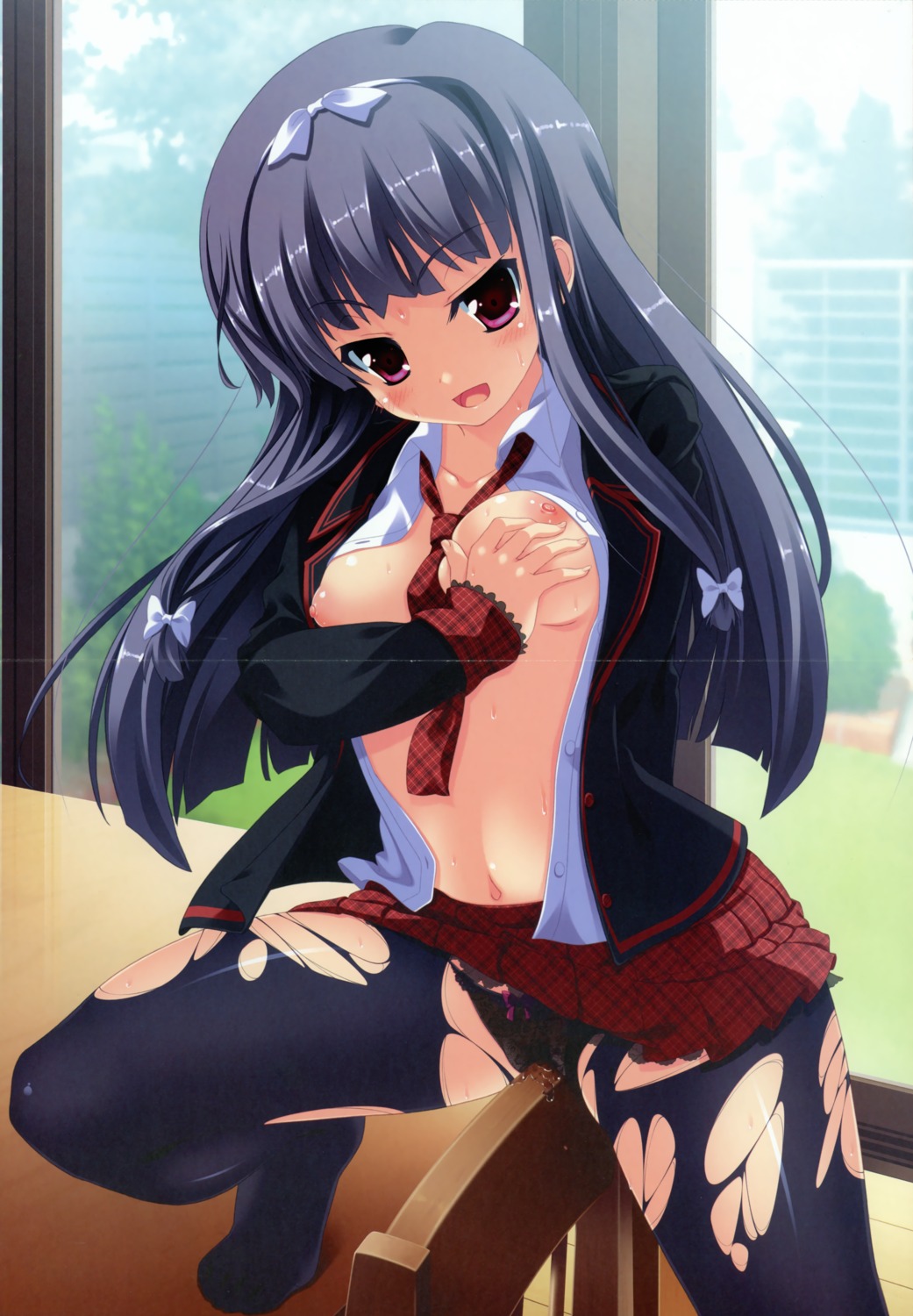 breast_grab breasts crease female imouto_paradise! itou_life masturbation moonstone_cherry nipples no_bra open_clothes open_shirt panties pantyhose pussy pussy_juice rule34 scanning_dust shirt torn_clothes