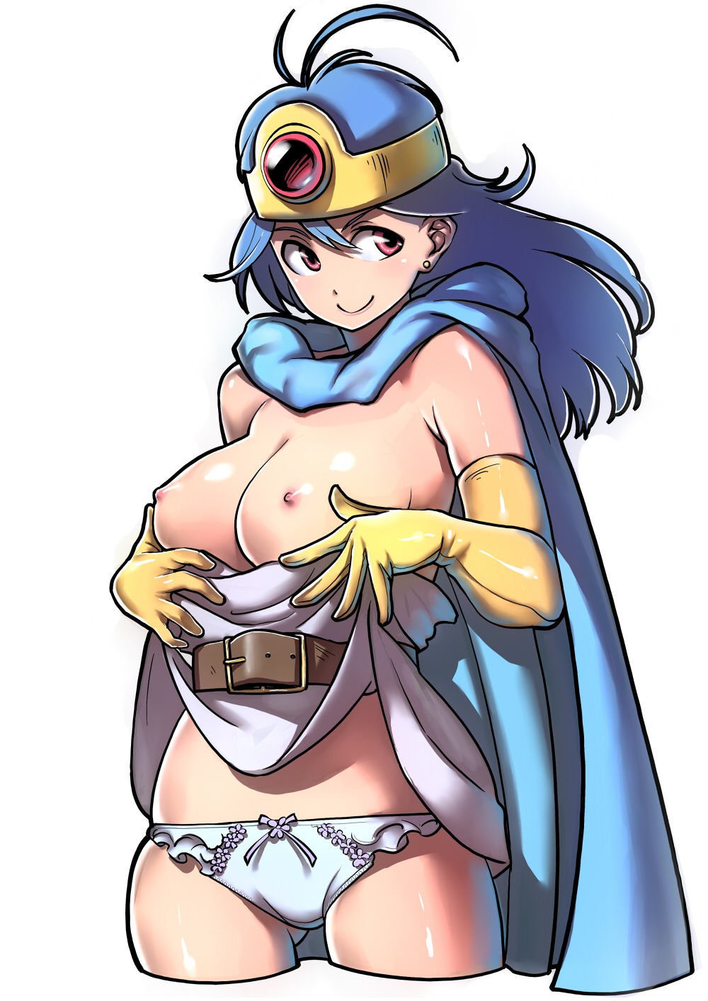 blue_hair blue_panties breasts cape circlet dragon_quest dragon_quest_iii dress dress_lift earrings elbow_gloves female female_only gloves highres human jewelry large_breasts long_hair naav nipples no_bra panties red_eyes rule34 sage_(dq3) smile solo underwear white_background
