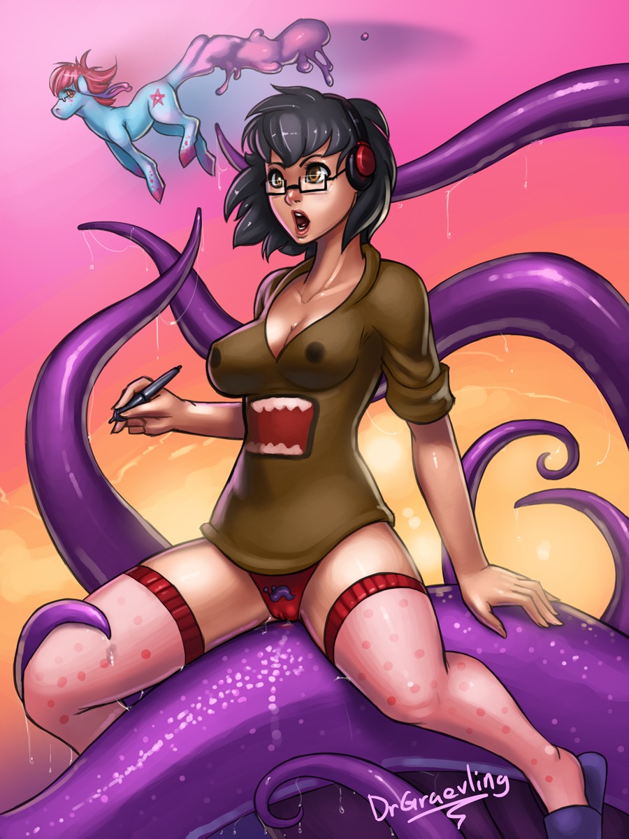 3:4 ambiguous_gender black_hair breasts camel_toe cleavage clothed clothing cteno ctenophorae domo drgraevling duo e621 electronics equid equine eyewear female feral footwear genitals glasses hair headphones hi_res horse human human_focus legwear mammal nipple_outline not_furry_focus open_mouth panties pattern_clothing pattern_legwear pony shirt shoes slime slippers solo_focus spots spotted_clothing spotted_legwear tentacles topwear underwear vulva