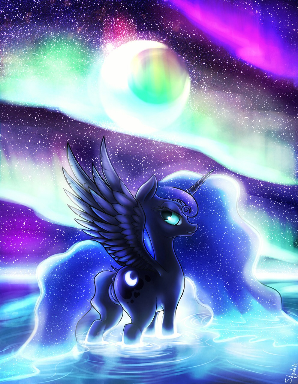 anus aurora_(phenomenon) bedroom_eyes blue_body blue_feathers blue_fur blue_hair butt clitoris cutie_mark e621 equid equine feathered_wings feathers female feral friendship_is_magic fur genitals hair half-closed_eyes hasbro hi_res hooves horn iridescent iridescent_butt iridescent_feathers iridescent_hair iridescent_mane iridescent_pussy iridescent_tail iridescent_water iridescent_wings long_hair looking_at_viewer looking_back mammal moon my_little_pony mythological_creature mythological_equine mythology narrowed_eyes outside presenting princess_luna_(mlp) raised_tail seductive shydale sky smile solo star tail teal_eyes vulva water winged_unicorn wings