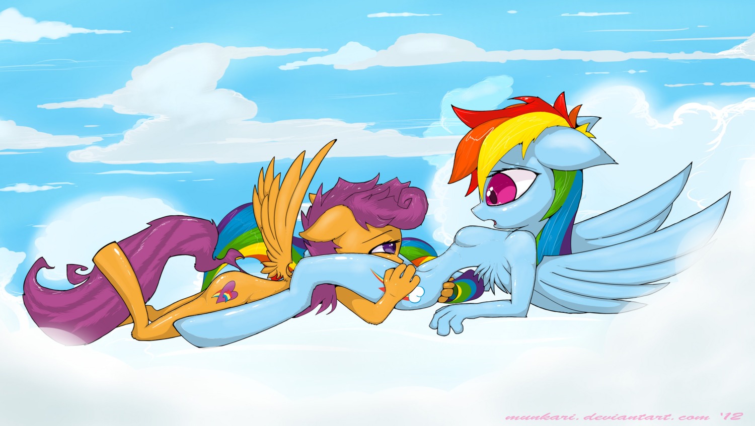 2012 anthro anthrofied blue_body blue_feathers blue_fur breasts brown_body brown_fur child cloud cutie_mark duo e621 equid equine feathered_wings feathers female female/female friendship_is_magic fur hair hand_behind_back hand_on_leg hand_on_thigh hasbro hi_res lying mammal multicolored_hair munkari my_little_pony mythological_creature mythological_equine mythology on_front open_mouth outside pegasus purple_eyes purple_hair rainbow_dash_(mlp) rainbow_hair reclining scootaloo_(mlp) sex side_boob sky skyscape wing_boner wings young