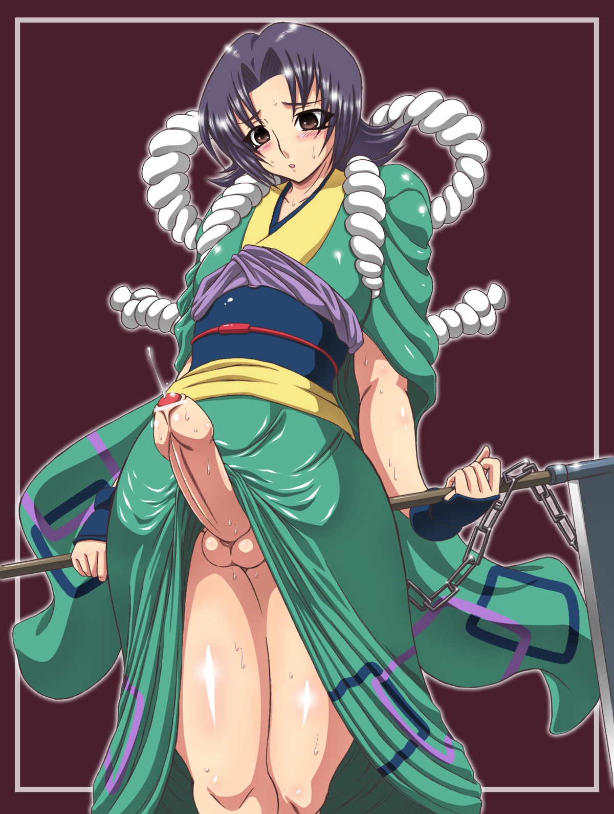 1boy androgynous balls black_hair blush brown_eyes censored cowboy_shot crossdressing erection femboy feminine_male foreskin girly highres human hung_trap japanese_clothes japanese_text kamatari_honjo kimono light-skinned_male light_skin male male_only otoko_no_ko pale-skinned_male pale_skin penis precum presenting rule34 rurouni_kenshin sash shiny short_hair shounen_jump solo sweat testicles thick_thighs trap uncircumcised villainess wide_hips yukimaru_(gojo)