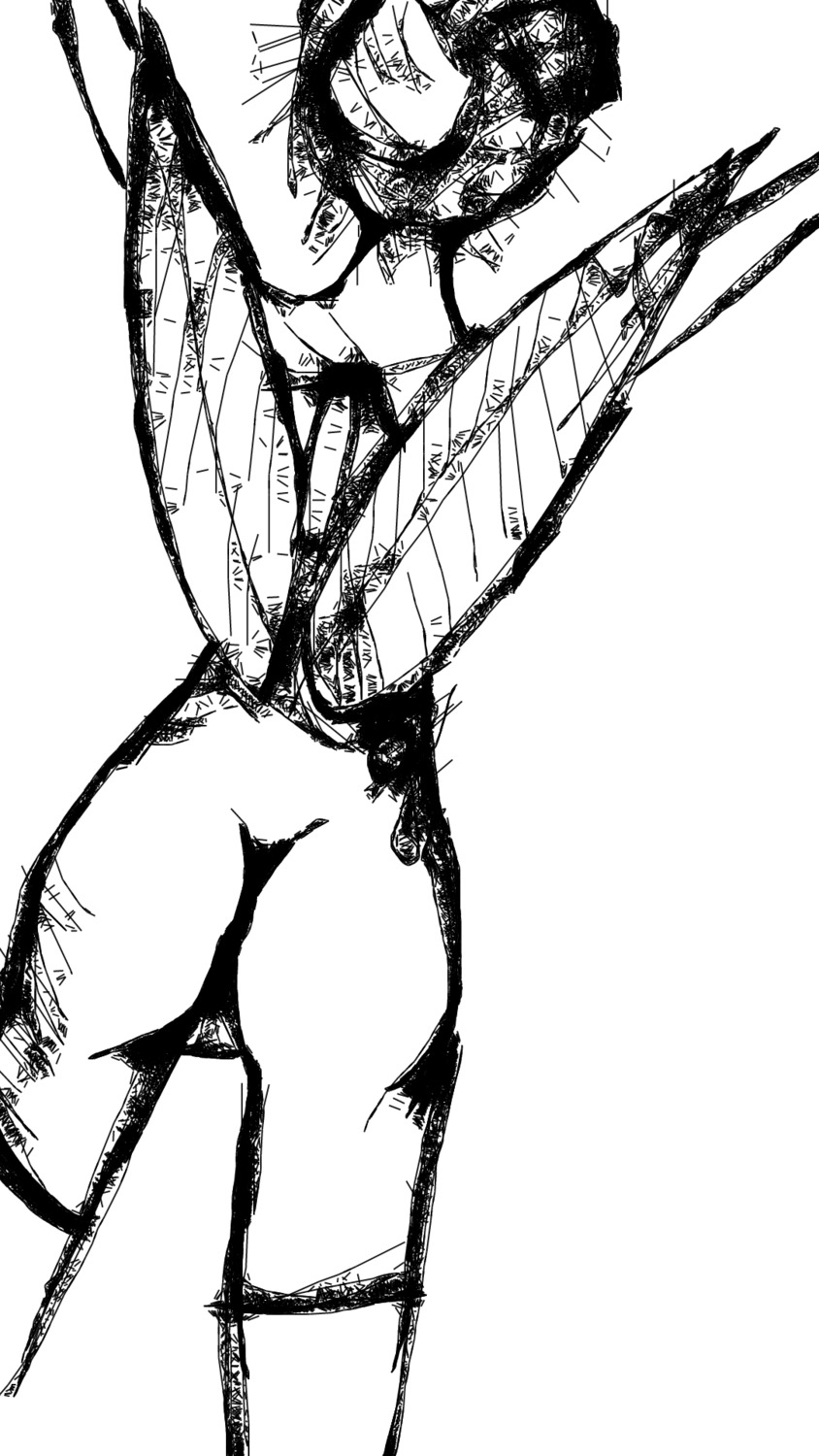 9:16 arthropod black_and_white butt clothing e621 fairy female genitals hair hi_res humanoid hybrid insect legwear monochrome not_furry raised_arm rear_view short_hair sketch solo stockings unknown_artist vulva wings