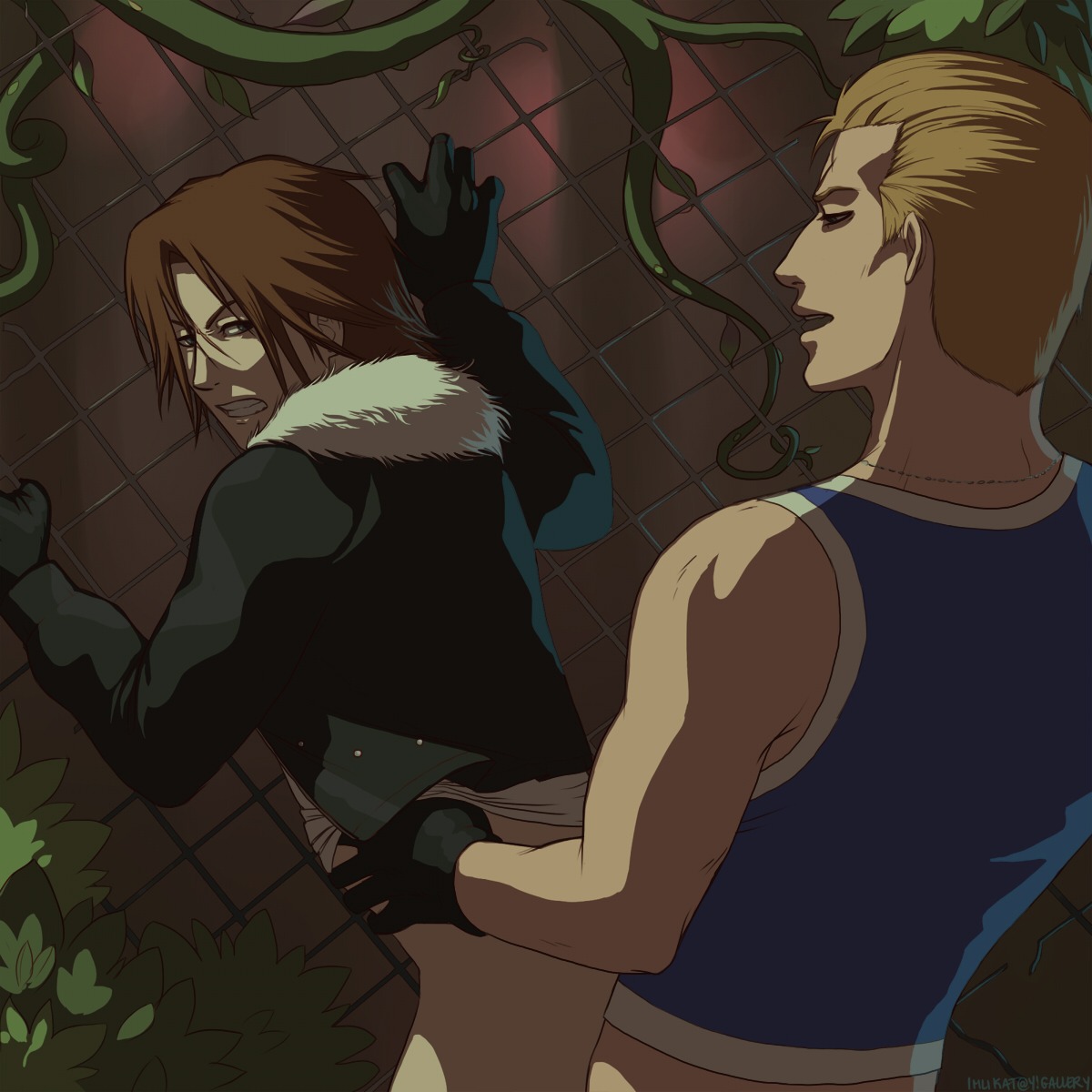 1:1 against_wall final_fantasy final_fantasy_viii from_behind human male male_only multiple_males partially_clothed rule34 seifer_almasy squall_leonhart tagme yaoi