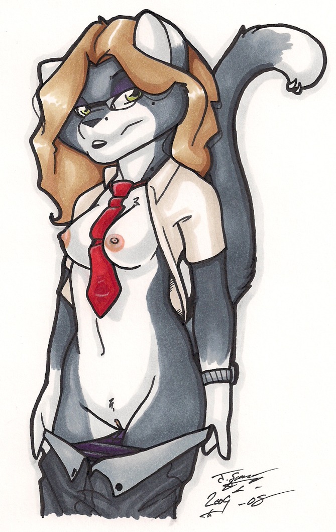 accessory anthro bottomwear bottomwear_down breasts clothed clothing domestic_cat e621 felid feline felis female genitals mammal necktie nipples open_clothing open_shirt open_topwear os panties panties_down pants pants_down partially_clothed shirt solo tail topwear underwear underwear_down undressing vulva