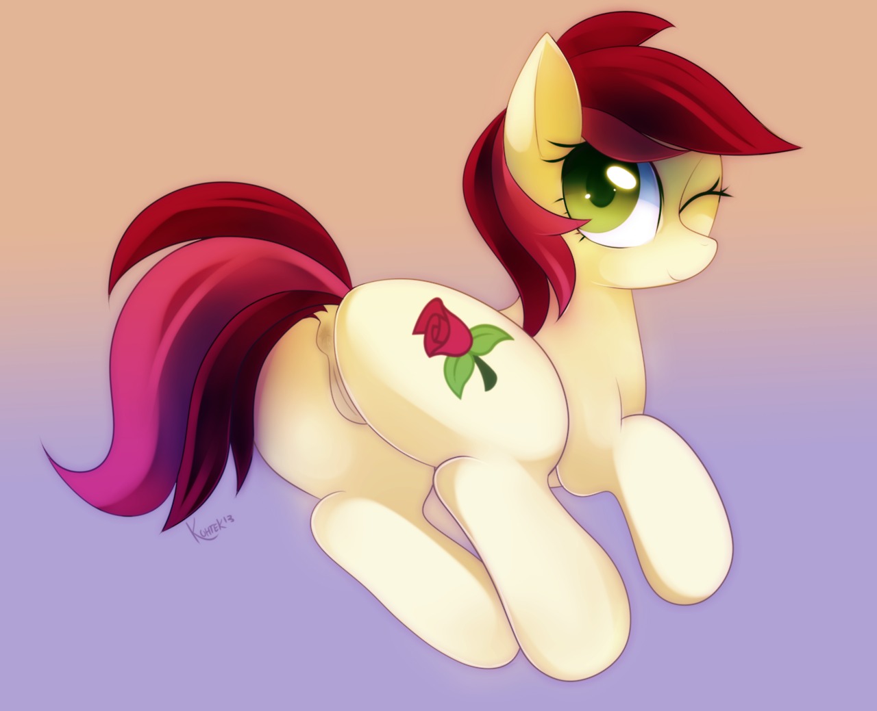 2013 anus butt cutie_mark e621 earth_pony equid equine female feral friendship_is_magic fur genitals gradient_background green_eyes hair hasbro horse kohtek looking_at_viewer lying mammal my_little_pony on_side one_eye_closed pony presenting presenting_hindquarters red_hair rose_(mlp) short_hair signature simple_background smile solo tail vulva wink yellow_body yellow_fur