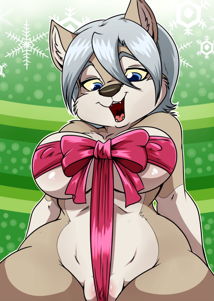 2013 abstract_background anthro big_breasts blue_eyes breasts camel_toe canid canine canis christmas curvy_figure digital_media_(artwork) e621 eyebrows eyelashes fangs female fur genitals gift grey_body grey_fur grey_hair hair holidays inner_ear_fluff lonbluewolf looking_down luu_(lonbluewolf) mammal markings nipples open_mouth pussy_floss ribbons simple_background snowflake solo teeth tongue tuft voluptuous vulva wide_hipped_female wide_hips wolf yellow_sclera