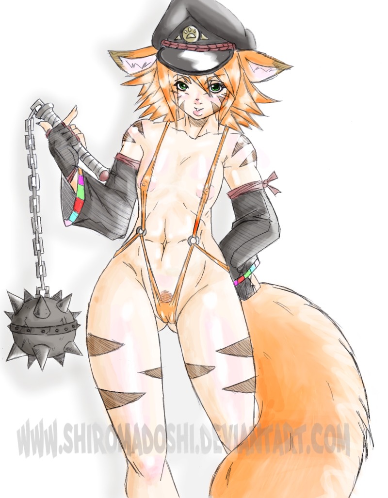 animal_humanoid armwear blonde_hair breasts camel_toe canid canid_humanoid canine canine_humanoid clothed clothing e621 elbow_gloves female fingerless_gloves flail fox fox_humanoid gloves green_eyes grin hair handwear humanoid leg_markings lips mammal mammal_humanoid markings melee_weapon melody_iku orange_hair pose pubes shiromadoshi short_hair skimpy small_breasts smile solo standing tail watermark weapon wide_hips