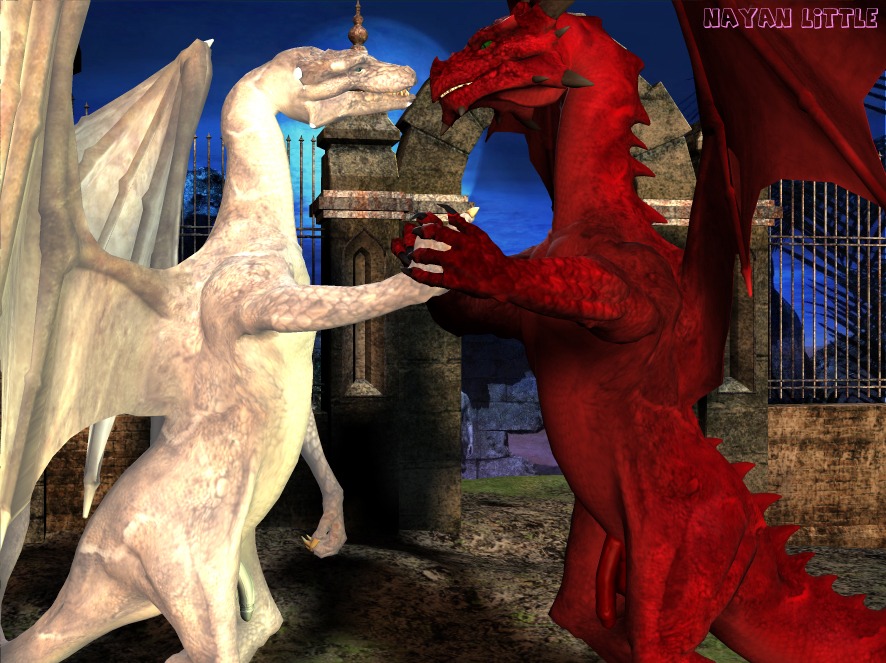 3d_(artwork) balls claws digital_media_(artwork) dragon duo e621 european_mythology eye_contact feral flaccid genitals green_eyes hand_holding horn looking_at_another love male male/male membrane_(anatomy) membranous_wings mythological_creature mythological_scalie mythology nayanlittle night penis red_body red_scales romantic romantic_ambiance romantic_couple scales scalie smile tail teeth western_dragon white_body white_scales wings