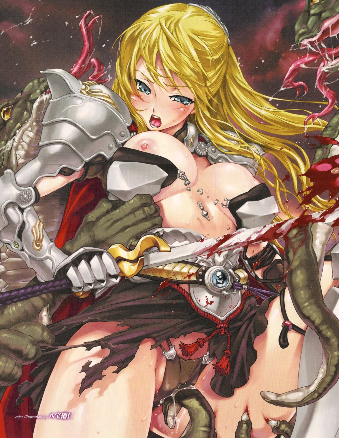 1girls 2boys amputee armor beige_skin bestiality blonde_hair blood blood_stain bloody_sword clothes color cut cuts female gore happoubi_jin highres human imminent_rape injury interspecies long_hair male monster nipples overhand_grip puncture red_blood rule34 straight tentacles torn_clothes warrior weapon