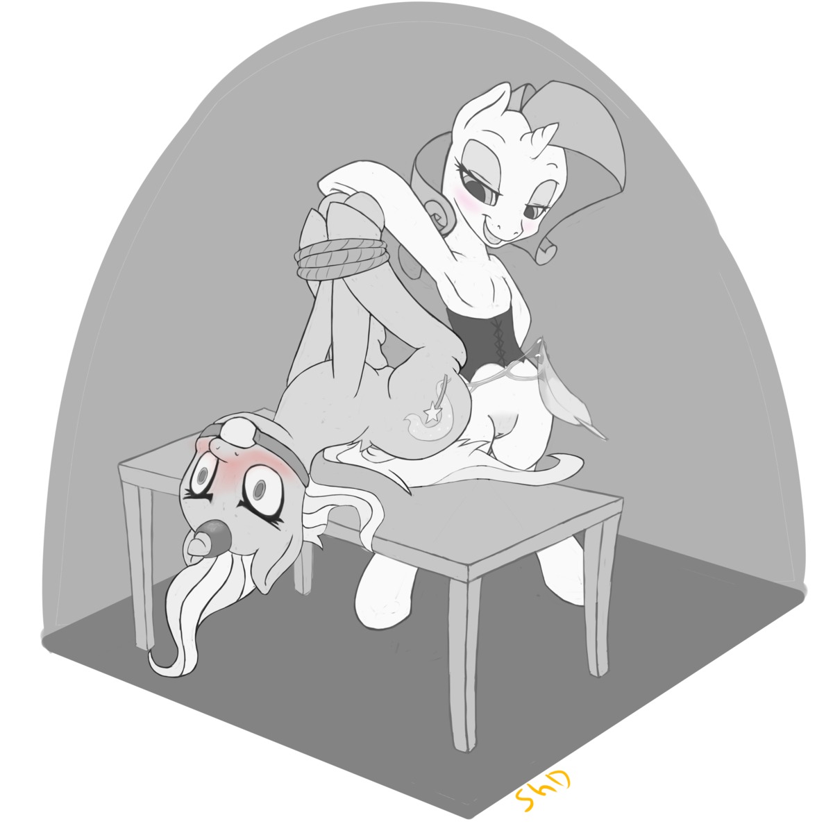 1:1 absurd_res ball_gag bdsm blush bodily_fluids bondage bound clothing corset cutie_mark dominant dominant_female duo e621 equid equine feathers female female/female feral friendship_is_magic furniture gag gagged genital_fluids genitals hasbro hi_res horn horn_jewelry horn_ring jewelry lingerie loose_feather magic_inhibitor mammal monochrome my_little_pony mythological_creature mythological_equine mythology rarity_(mlp) ring_(jewelry) shdingo submissive submissive_female table topwear trixie_(mlp) unicorn vaginal_fluids vulva
