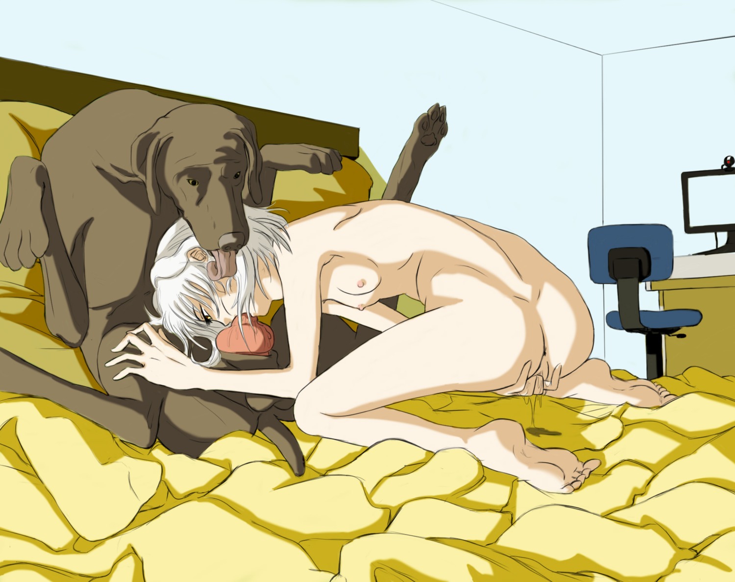 animal_genitalia animal_penis anus balls bed bestiality bodily_fluids breasts canid canine canine_genitalia canine_penis duo e621 erection fellatio female female_human female_on_feral feral fingering fingering_self furniture genital_fluids genitals hair hi_res human human_on_feral interspecies knot licking male male/female male_on_human mammal masturbation nude on_bed oral oral_penetration penetration penile penis sex small_breasts thebigbrap tongue tongue_out vaginal vaginal_fluids vaginal_masturbation vulva white_hair yellow_eyes
