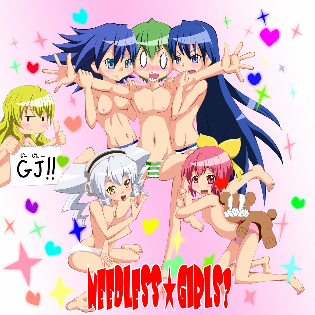 blush breasts cruz_schild disc_(needless) embarrassed_nude_femboy eve_neuschwanstein female kuchinashi_(needless) male mio_(needless) needless nipples open_mouth panties rule34 setsuna_(needless)