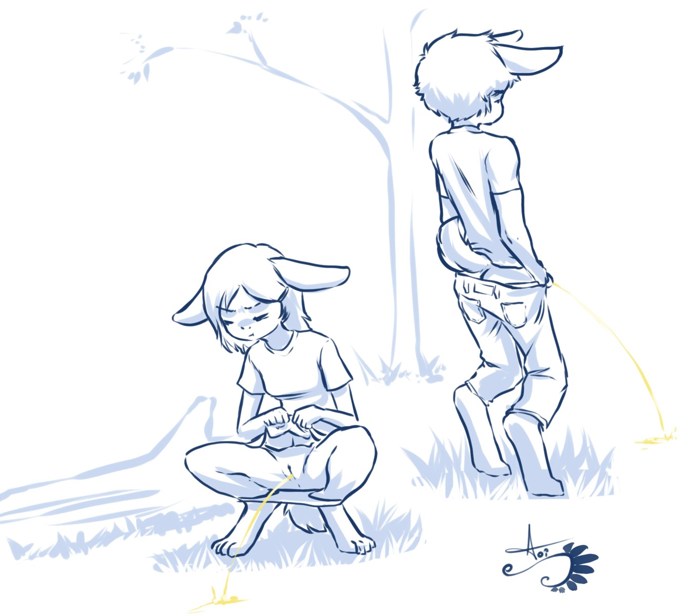 2013 anthro aogami bodily_fluids bottomwear bottomwear_down butt clothed clothing crouching duo e621 eyes_closed female genital_fluids genitals hi_res lagomorph leporid male mammal outside panties pants pants_down partially_clothed peeing peeing_outside peeing_together penis plant rabbit scut_tail short_tail tail tree underwear underwear_down urine urine_stream vulva young young_anthro