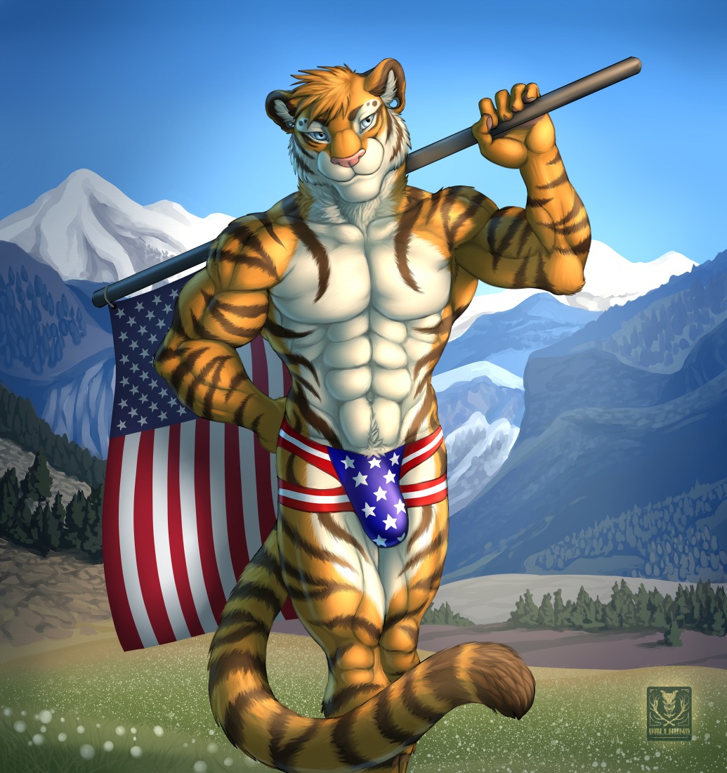 2014 abs american_flag anthro armpit_hair athletic biceps biped blue_eyes body_hair brown_body brown_fur bulge clothed clothing digital_media_(artwork) e621 felid flag fur grin jockstrap male mammal markings muscular muscular_anthro orange_body orange_fur pantherine pecs pink_nose portrait pose smile solo standing stripes tail tan_body tan_fur three-quarter_portrait tiger topless underwear united_states_of_america vallhound white_body white_fur