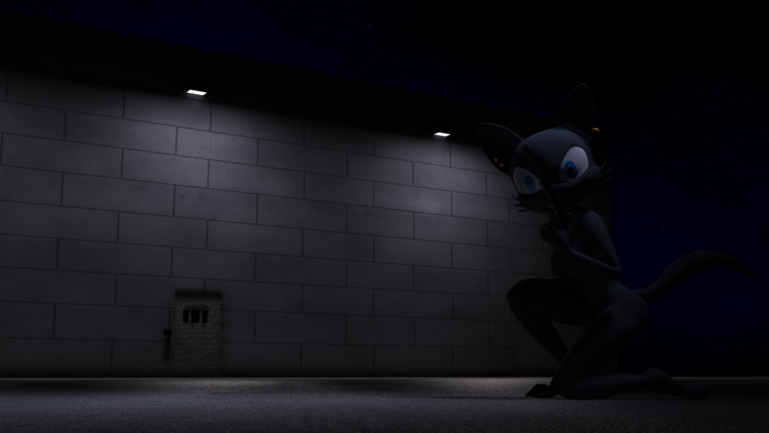 16:9 3d_(artwork) anthro black_body black_fur blue_eyes breasts butt destiny_(character) destiny_blackmoon digital_media_(artwork) domestic_cat e621 felid feline felis female fur genitals gun hi_res mammal nipples nude ranged_weapon solo tail vulva weapon widescreen young young_anthro