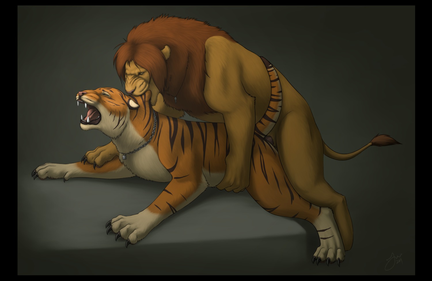 2014 5_toes all_fours ambiguous_gender anal anal_penetration barefoot bite black_border border chain claws doggystyle duo e621 erection eyes_closed feet felid feral feral_on_feral from_behind_position fur genitals glistening grey_background gums hi_res jewelry lion looking_down loonertick lying male male/male male_penetrated male_penetrating male_penetrating_male mammal mane narrowed_eyes necklace nude open_mouth orange_eyes pantherine penetration penis sex shadow sharp_teeth simple_background squint stripes teeth tiger toe_claws toes tongue