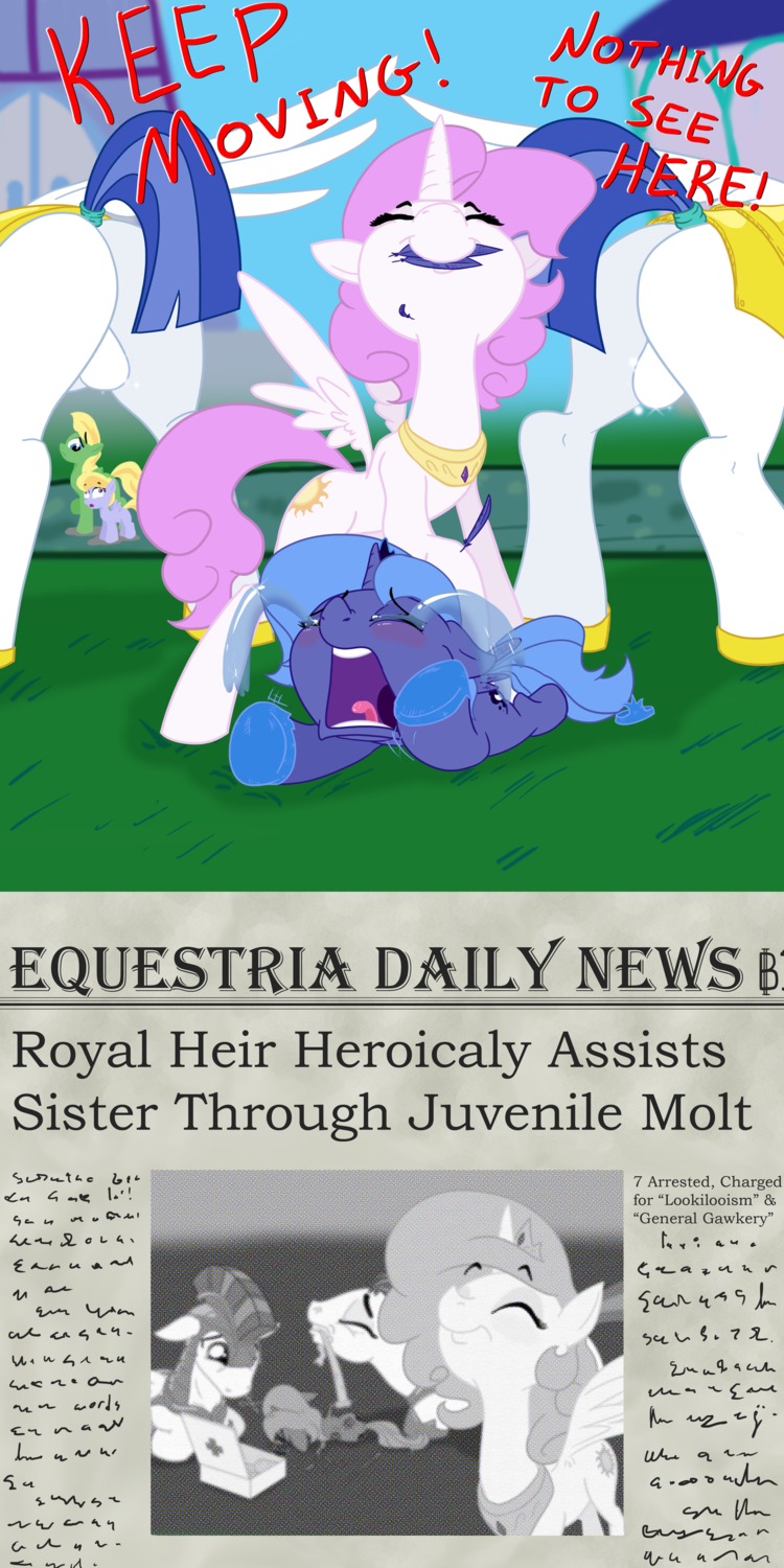 1:2 absurd_res abuse armor backsack balls band-aid bandage blue_hair blush bodily_fluids butt comic crying cutie_mark e621 english_text equid equine eyes_closed feathered_wings feathers female feral first_aid_kit friendship_is_magic gavalanche genitals group hair hasbro headgear helmet hi_res horn male mammal medical_instrument monochrome my_little_pony mythological_creature mythological_equine mythology newspaper pegasus pink_hair plucking princess_celestia_(mlp) princess_luna_(mlp) quadruped royal_guard_(mlp) sadism scientific_instrument tail tears text winged_unicorn wings