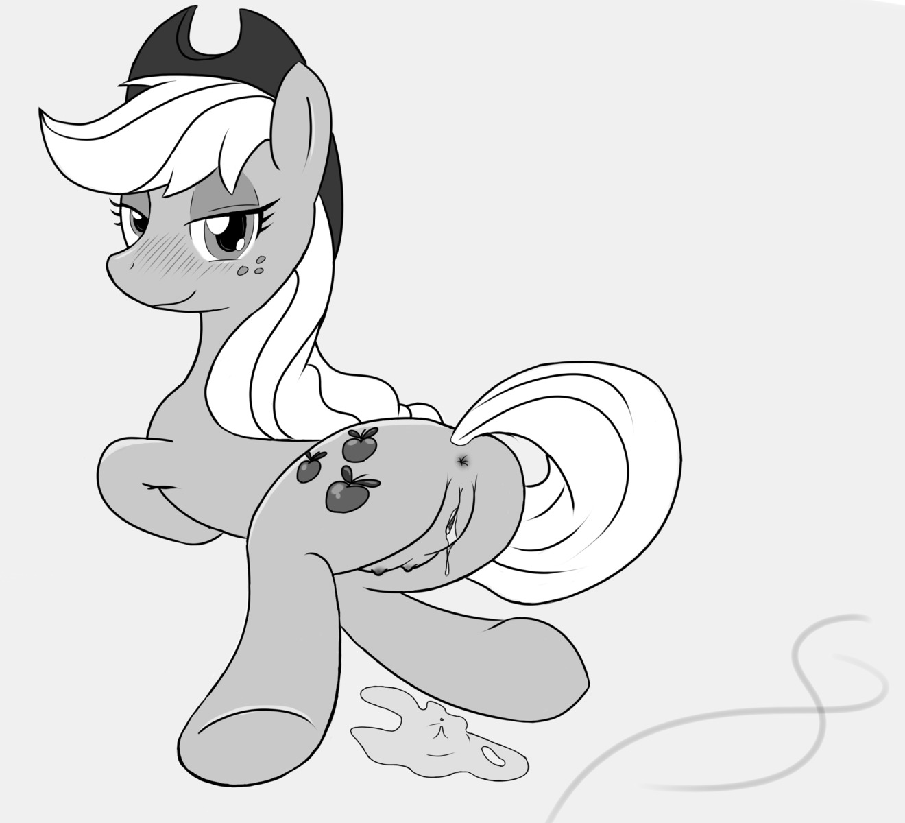 2012 anus apple applejack_(mlp) blush bodily_fluids butt cutie_mark e621 earth_pony equid equine female feral food freckles friendship_is_magic fruit genital_fluids genitals hair hasbro hi_res horse long_hair looking_at_viewer mammal monochrome my_little_pony plant pony smile solo tail unknown_artist vaginal_fluids vulva wet