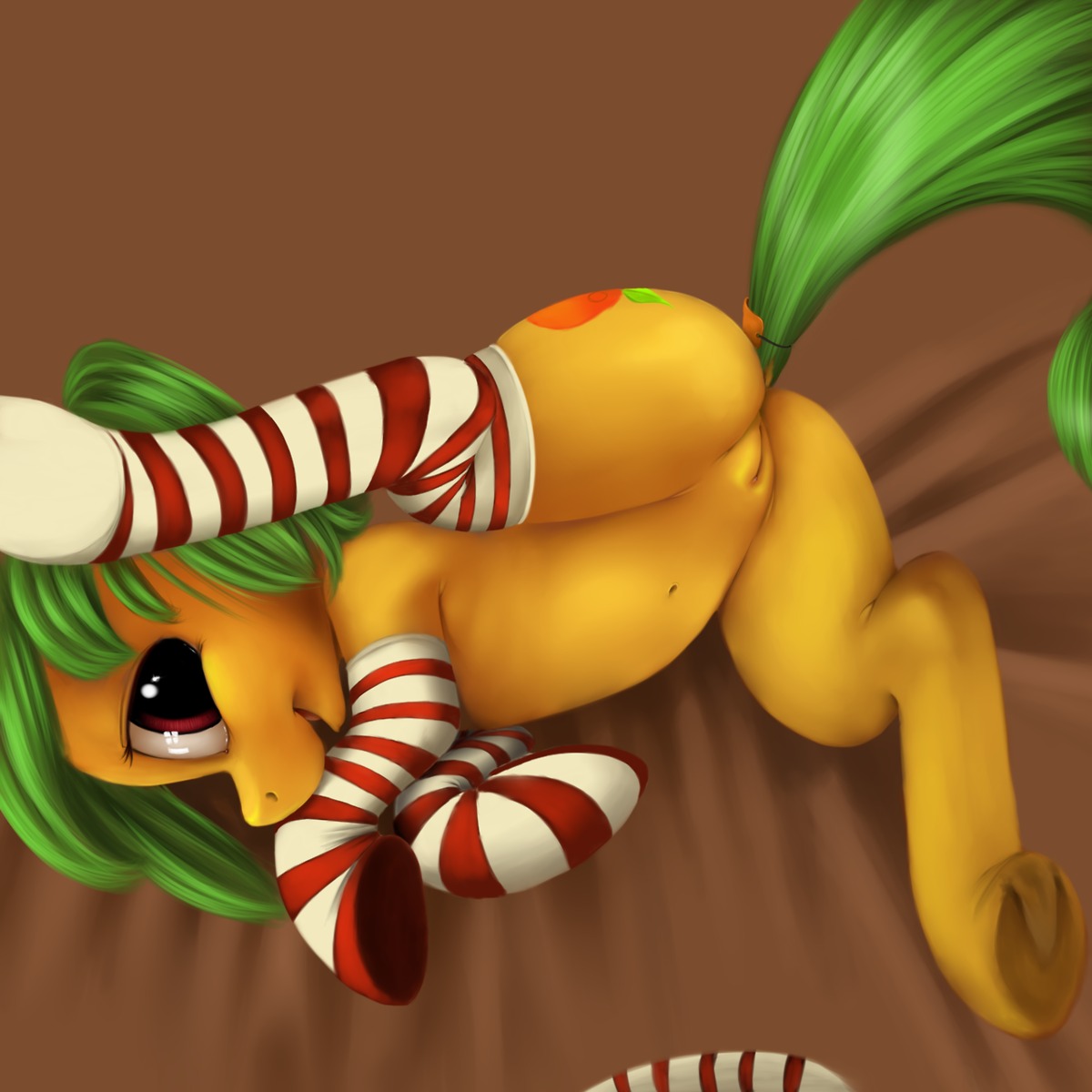 1:1 chromapan clitoris clothing cutie_mark digital_media_(artwork) dustyvalentino e621 earth_pony equid equine exposure_variation fan_character female feral footwear fur genitals green_hair hair hasbro hi_res horse legwear looking_at_viewer lying mammal mango_(3mangos) my_little_pony navel on_side open_mouth orange_body orange_fur pony presenting presenting_vulva rear_view red_eyes smile socks solo spread_legs spreading stockings vulva yellow_body yellow_fur