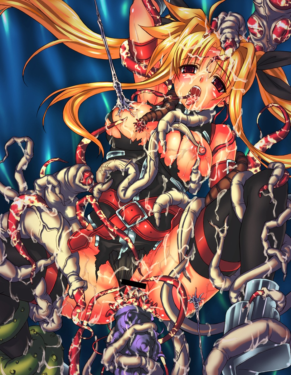belt blonde_hair boots breasts censored cum fate_testarossa female highres mahou_shoujo_lyrical_nanoha open_mouth oral pussy red_eyes rokko rule34 tentacle tentacle_in_ear tongue torn_clothes vaginal_penetration