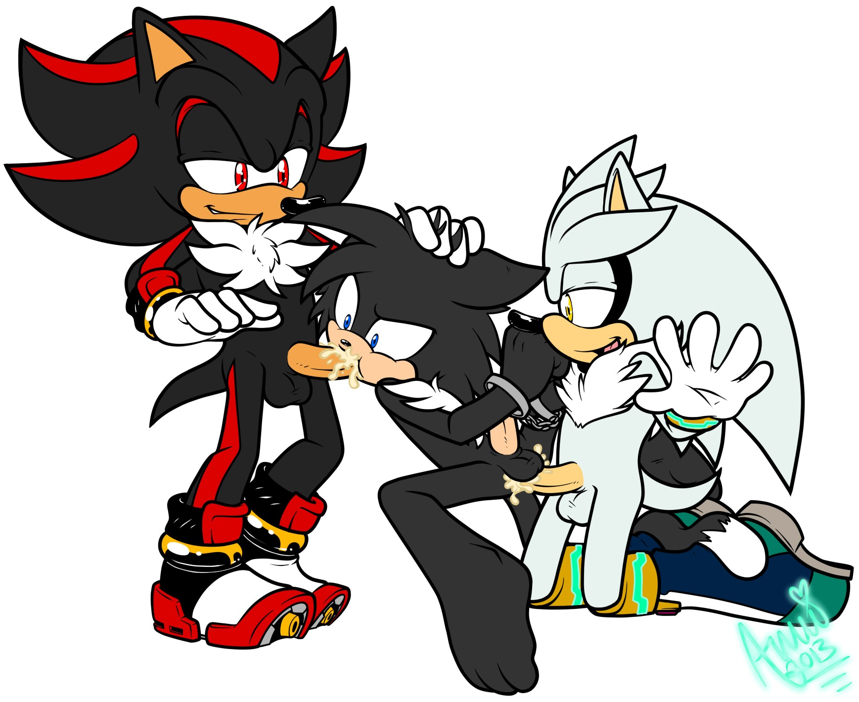 amuzoreh anal anal_penetration anthro balls barefoot black_body black_fur black_hair blue_eyes bodily_fluids clothing cuff_(restraint) cum cum_in_ass cum_in_mouth cum_inside e621 erection eulipotyphlan fan_character feet fellatio footwear forced forced_oral fur genital_fluids genitals group group_sex hair hand_on_head handcuffs hedgehog hi_res male male/male male_penetrated male_penetrating male_penetrating_male mammal metal_cuffs multicolored_hair nude oral oral_penetration orgasm penetration penile penis rape red_eyes restraints sega sex shackles shadow_the_hedgehog shoes silver_the_hedgehog smile sonic_the_hedgehog_(series) two_tone_hair white_hair yellow_eyes