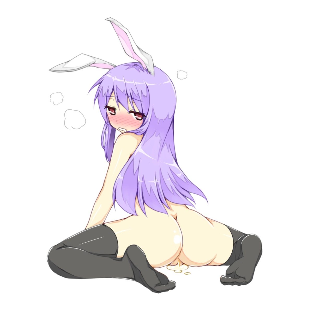 after_sex animal_ear ass black_legwear blush bunny_ear cum cum_inside drooling fat_mons female hatsunatsu highres long_hair looking_back no_panties nude purple_hair pussy red_eyes reisen_udongein_inaba rule34 sitting thighhighs touhou uncensored