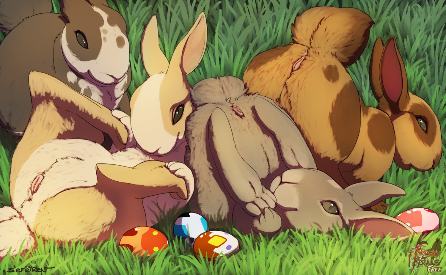2014 absurd_res anatomically_correct anatomically_correct_genitalia anatomically_correct_vulva animal_genitalia animal_vulva anus ass_up brown_body brown_eyes brown_fur conditional_dnp e621 ears_back easter easter_egg egg feet female feral frisky_ferals fur genitals grass grey_body grey_eyes grey_fur group hi_res hindpaw holidays lagomorph lagomorph_genitalia lagomorph_vulva leporid long_ears looking_at_viewer lying mammal on_back paws pivoted_ears plant presenting rabbit raised_tail sefeiren spots spread_legs spreading tail tan_body tan_fur upside_down vulva