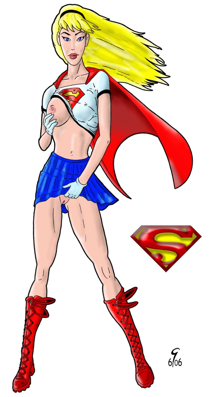 2006 blonde_hair blue_eyes breasts dc dc_comics dcau female gloves hair linda_danvers long_hair looking_at_viewer navel nipples pussy rule34 signature supergirl superman:_the_animated_series superman_(series) text