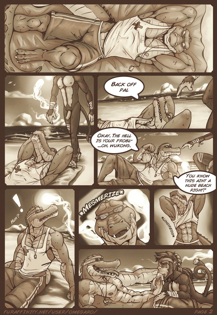 2014 anthro balls beach clothing comic countershade_arms countershade_face countershade_torso countershading crocodile crocodilian dialogue duo e621 english_text erection exclamation_point eyes_closed eyewear fellatio flaccid foreskin fur genitals hair haplorhine humanoid_genitalia humanoid_penis hypnosis journey_to_the_west league_of_legends licking lifeguard lying male male/male male_penetrated male_penetrating male_penetrating_male mammal mind_control monkey monochrome multiple_scenes muscular muscular_male nipples non-mammal_nipples nude omegaro open_mouth oral oral_penetration pecs penetration penile penis primate renekton reptile retracted_foreskin riot_games scalie sepia sex speech_bubble spiral spiral_eyes standing sun_wukong sunglasses tail teeth tencent text tongue tongue_out undressing url wukong_(lol)